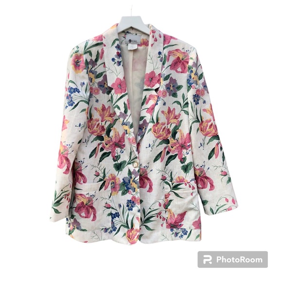 EHL Jackets & Blazers - Vintage EHL Beige Blazer Women 12 Cottagecore Pastel Floral Rayon Linen Blend